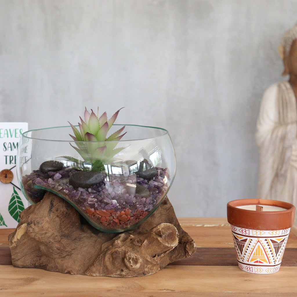 Handmade Molten Glass Bowl on Natural Wood – Unique Home Decor UK