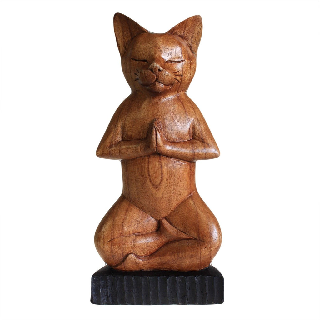 Handcarved Suar Wood Yoga Cat Figurine 31cm – Lotus Pose – Handmade Indonesian Wooden Ornament