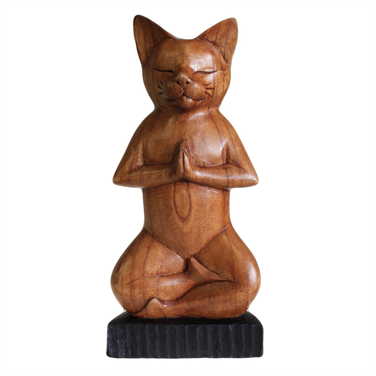 Handcarved Suar Wood Yoga Cat Figurine 31cm – Lotus Pose – Handmade Indonesian Wooden Ornament