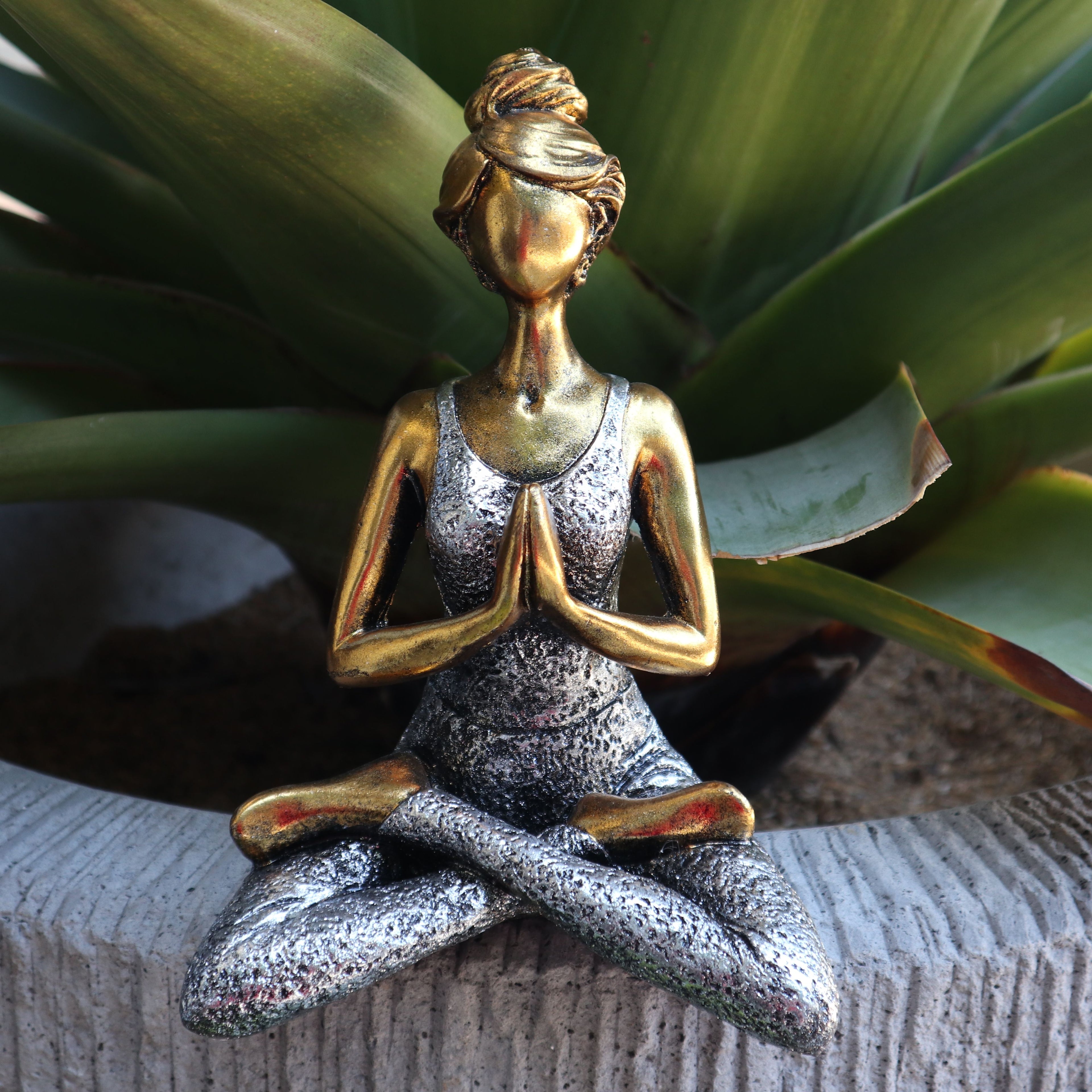 Yoga Lady Figurine 24cm – Bronze & Silver Yoga Pose – Handmade Decorative Resin Ornament