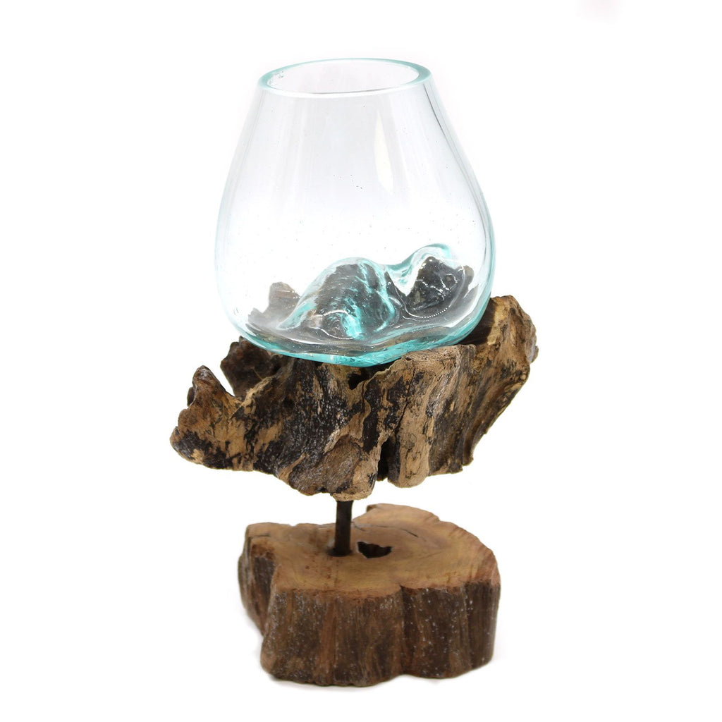 Handmade Molten Glass Bowl on Natural Wood – Unique Home Decor UK
