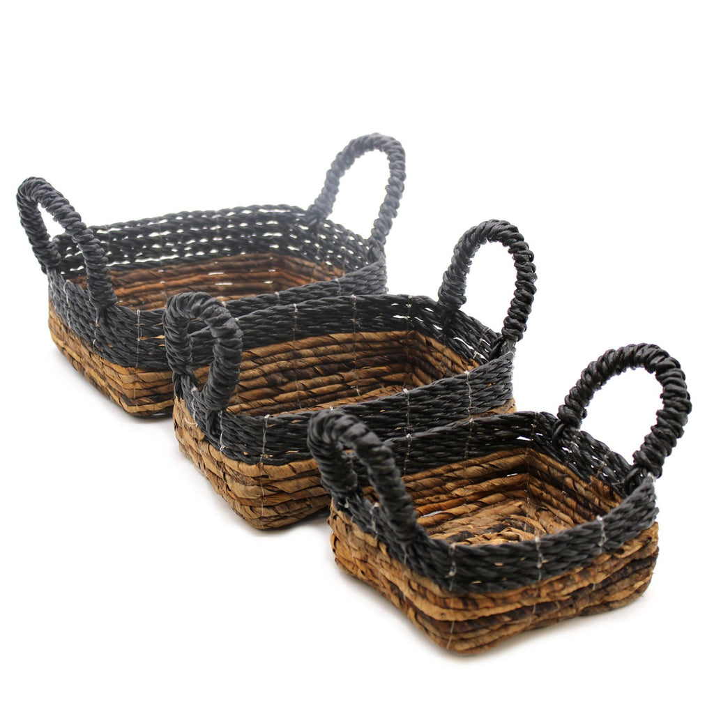 Set of 3 Square Banana Leaf & Hitam Raffia Baskets – Natural Woven Storage Baskets