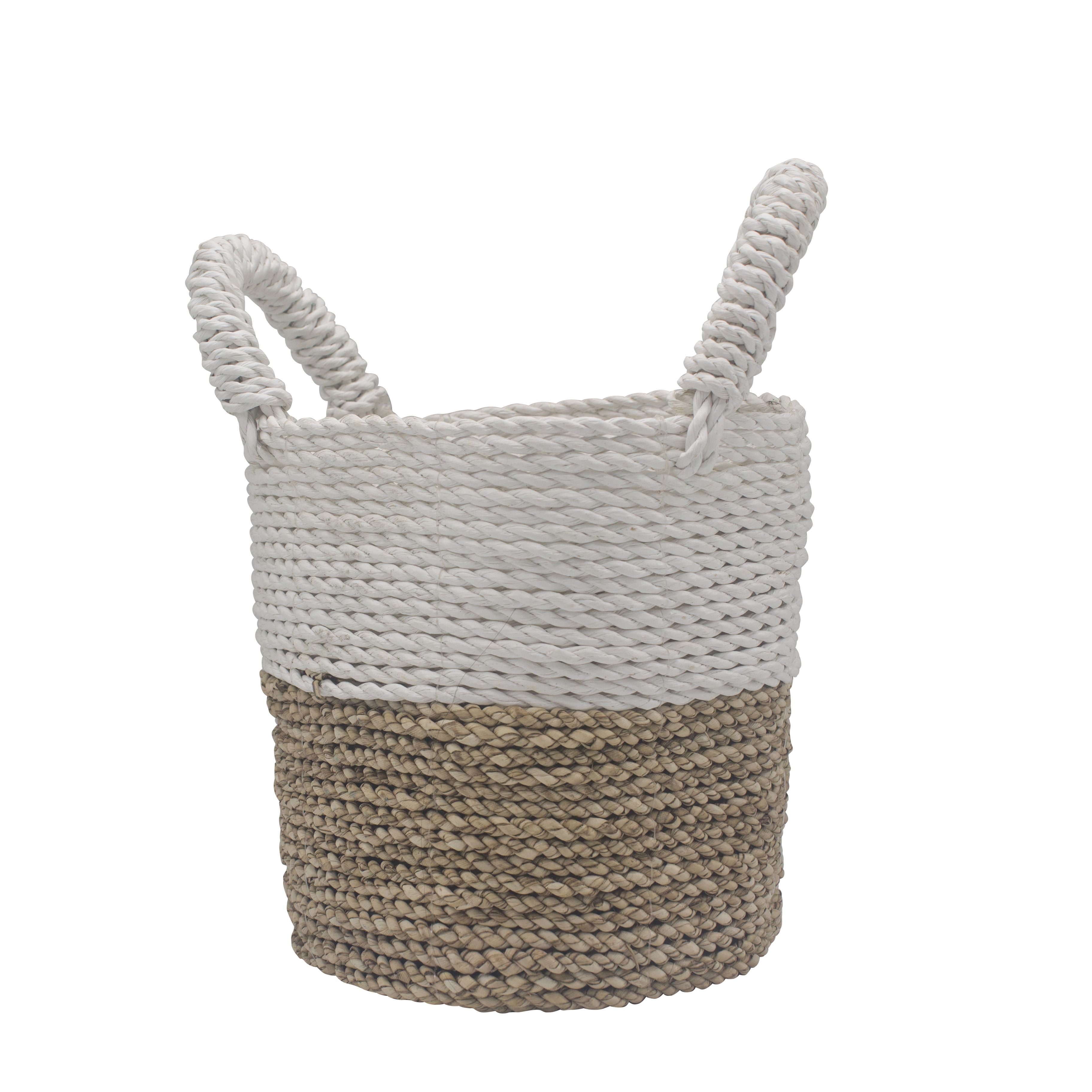 Set of 3 Round Seagrass Baskets – Natural & White – Woven Storage Baskets