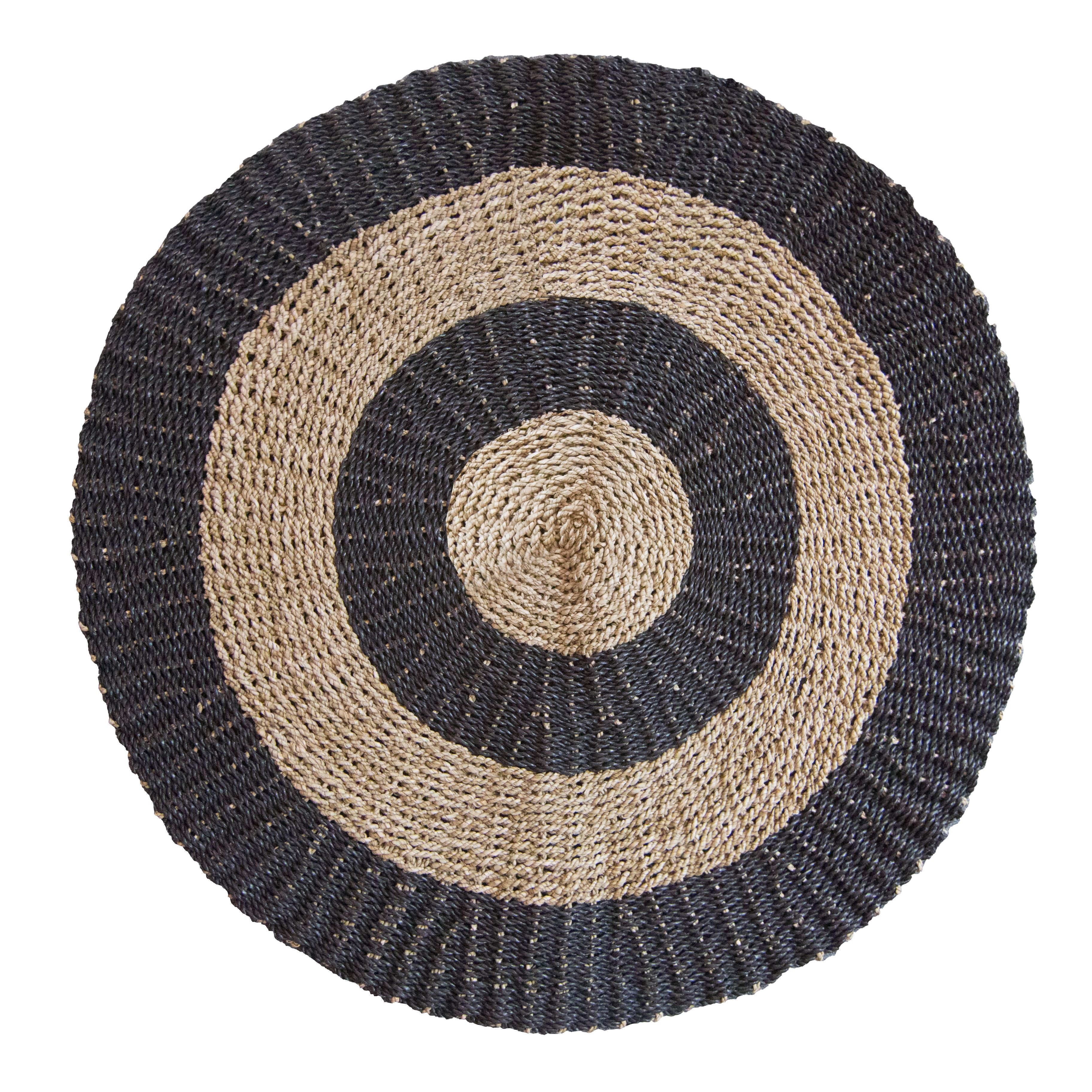 Round Seagrass Rug 100cm – Black & Tan Circles Design – Handmade Natural Jute Area Rug