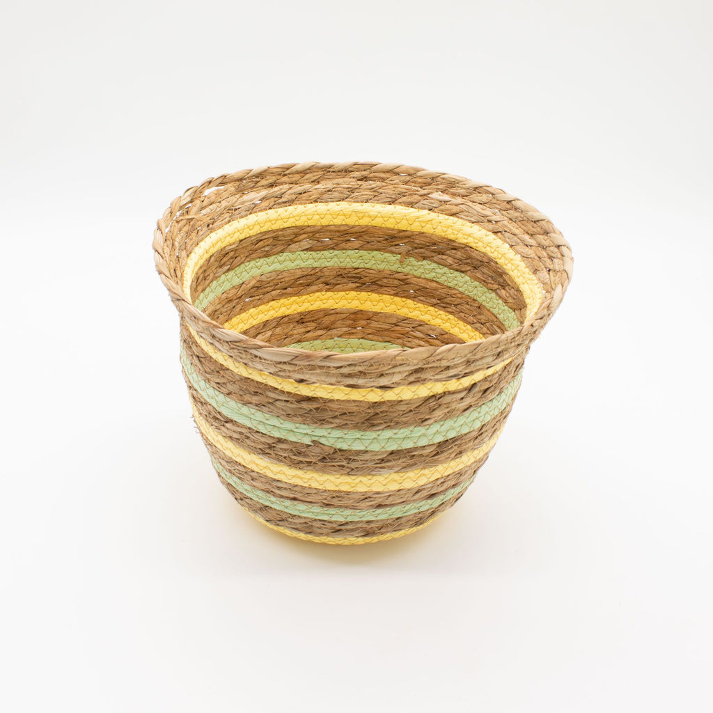 Set of 3 Vase Shaped Seagrass & Straw Baskets – Natural, Yellow & Green – Woven Storage Baskets