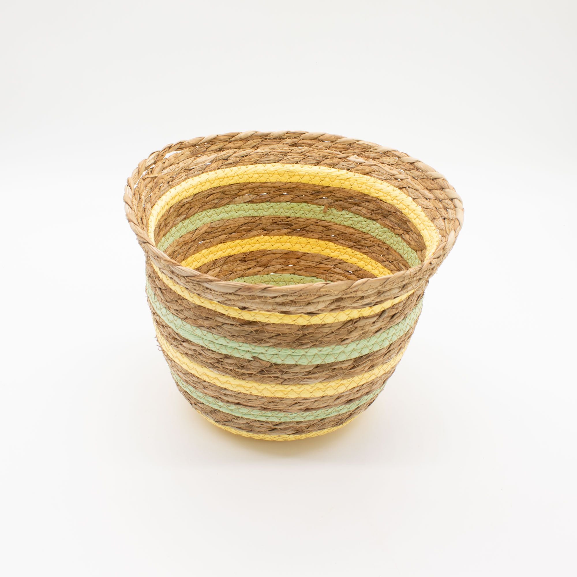 Set of 3 Vase Shaped Seagrass & Straw Baskets – Natural, Yellow & Green – Woven Storage Baskets