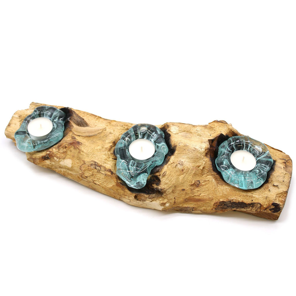 Handmade Molten Glass Candle Holder on Natural Wood – Unique Home Decor UK