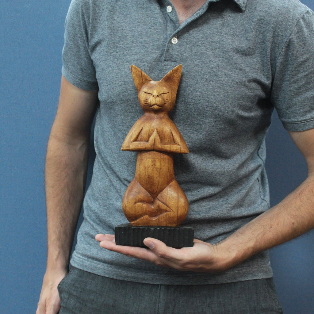 Handcarved Suar Wood Yoga Cat Figurine 31cm – Lotus Pose – Handmade Indonesian Wooden Ornament