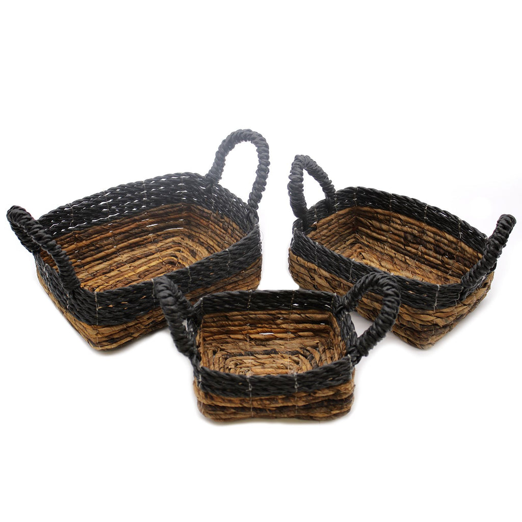 Set of 3 Square Banana Leaf & Hitam Raffia Baskets – Natural Woven Storage Baskets