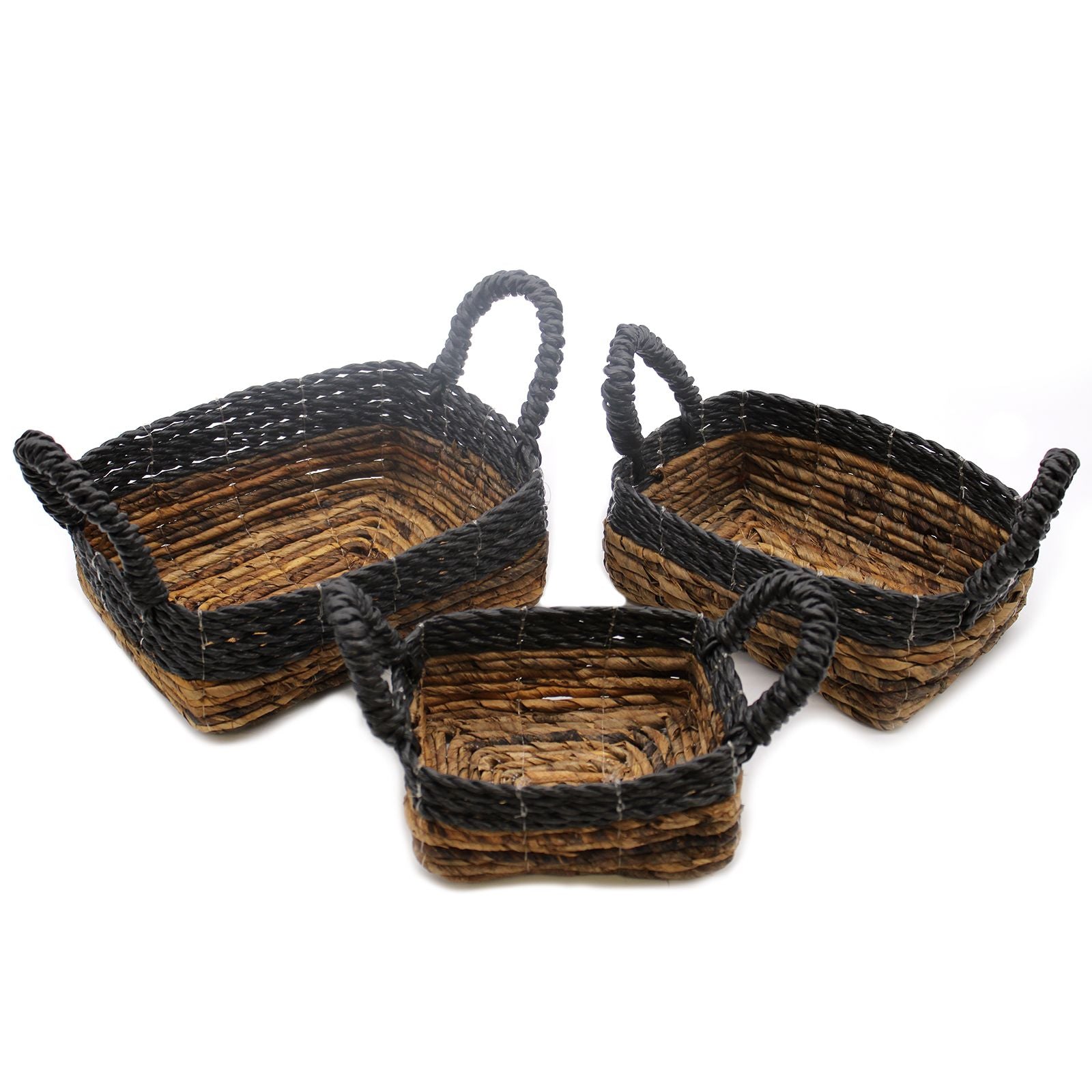 Set of 3 Square Banana Leaf & Hitam Raffia Baskets – Natural Woven Storage Baskets