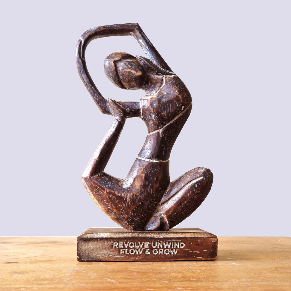 Handcarved Albasia Wood Yoga Lady Figurine 15cm – Revolved Pose - Revolve Unwind - Flow & Grow