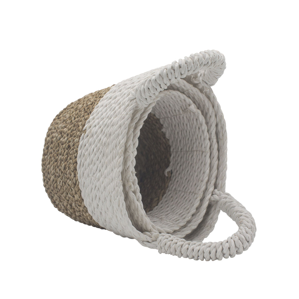 Set of 3 Round Seagrass Baskets – Natural & White – Woven Storage Baskets