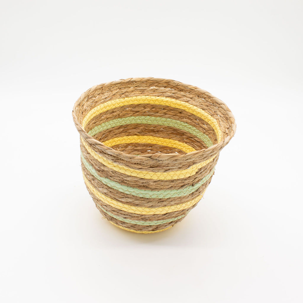 Set of 3 Vase Shaped Seagrass & Straw Baskets – Natural, Yellow & Green – Woven Storage Baskets