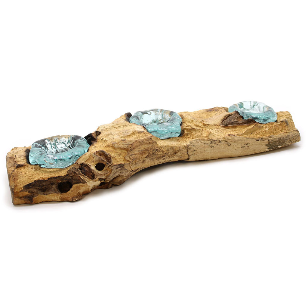 Handmade Molten Glass Candle Holder on Natural Wood – Unique Home Decor UK