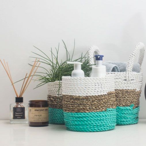 Set of 3 Round Seagrass Baskets – Natural & White – Woven Storage Baskets