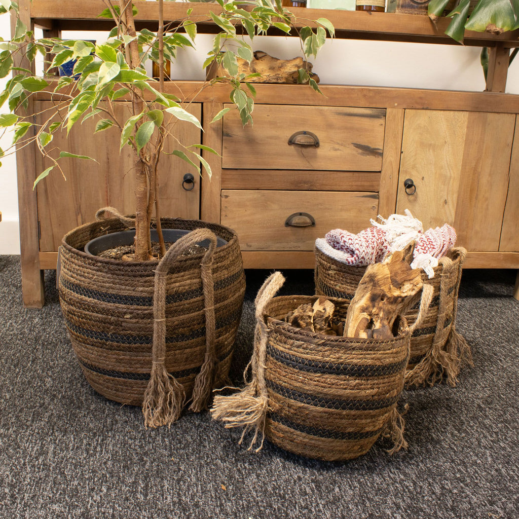 Set of 3 Large Banana Leaf & Seagrass Baskets – Natural Browns – Woven Storage Baskets (24-33cm)