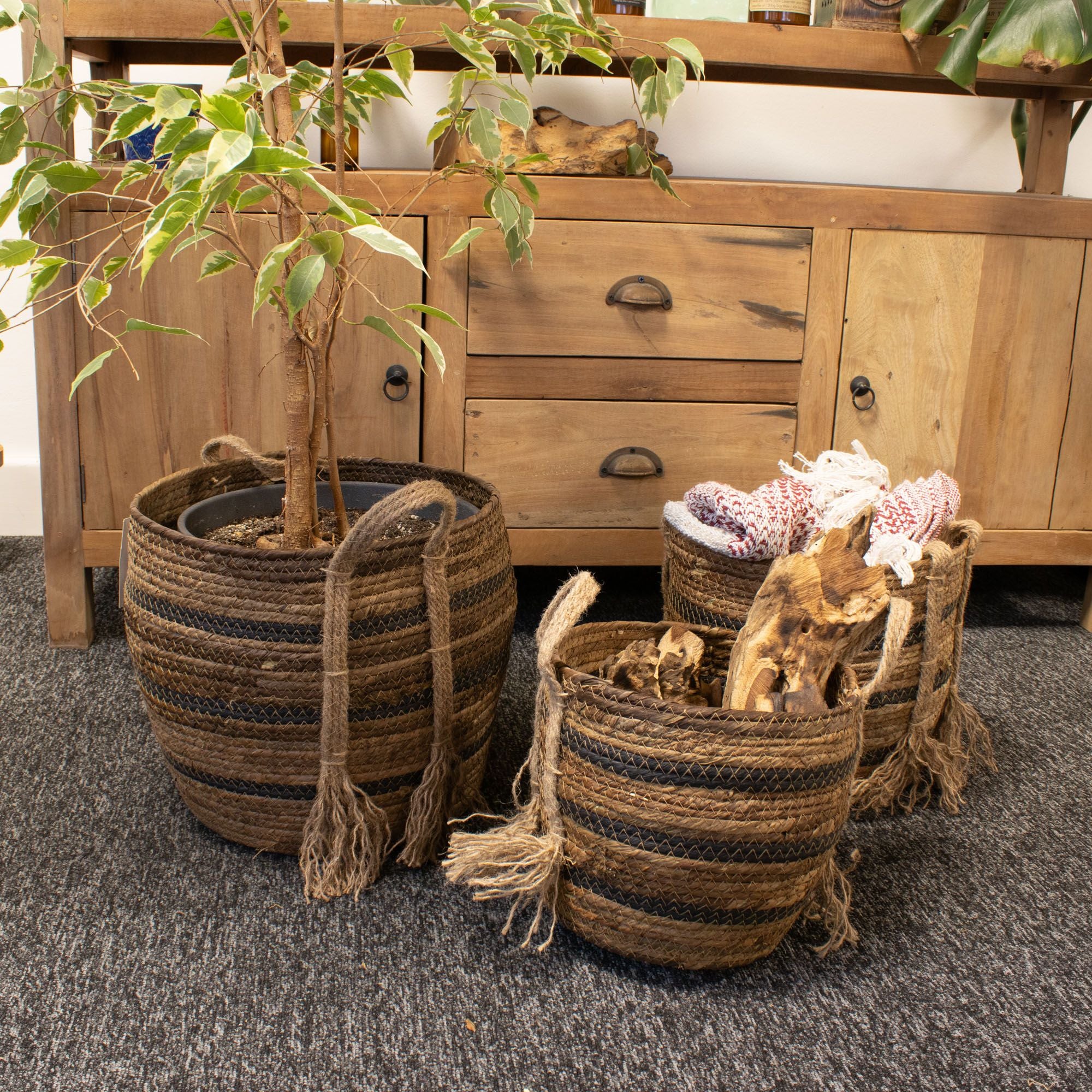 Set of 3 Large Banana Leaf & Seagrass Baskets – Natural Browns – Woven Storage Baskets (24-33cm)