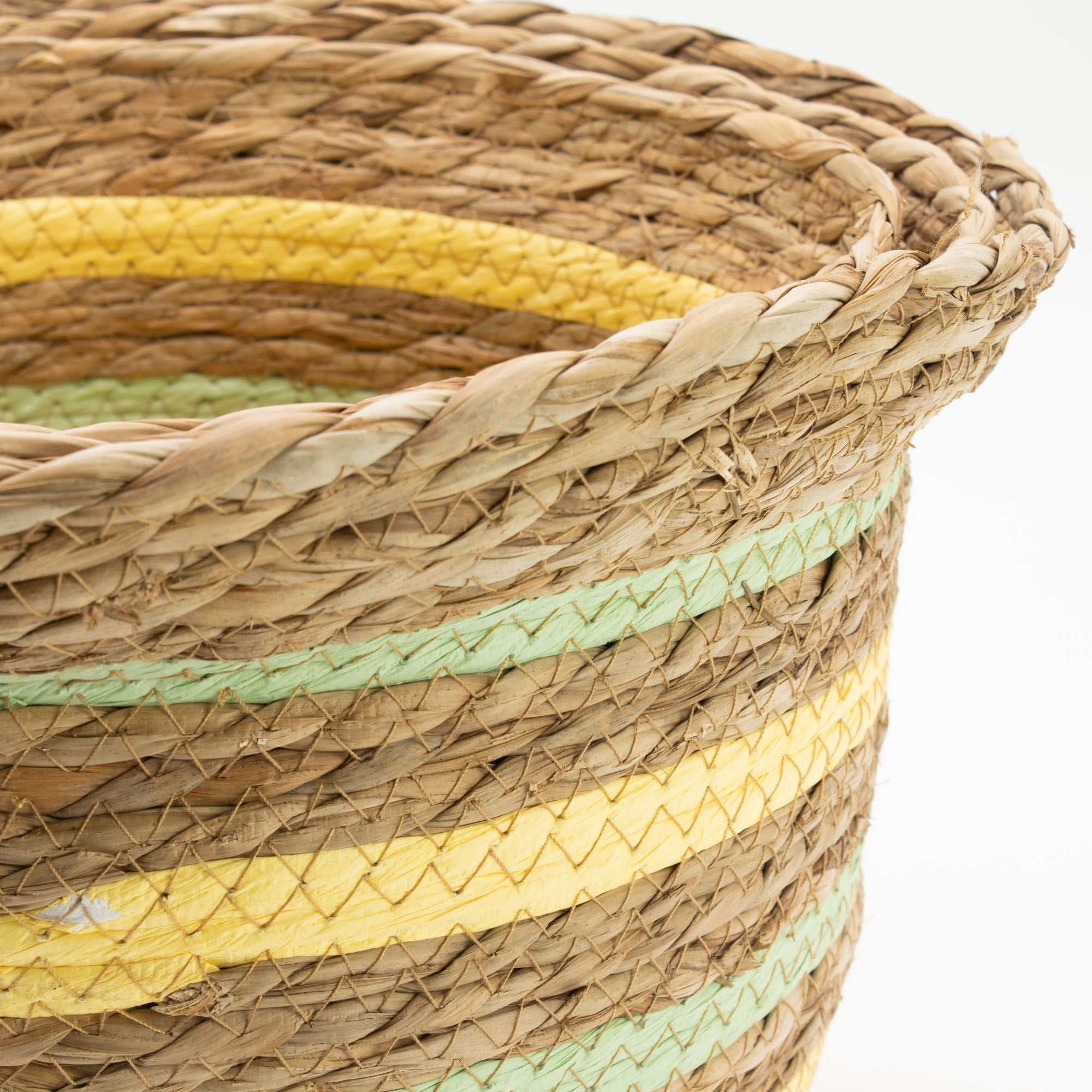 Set of 3 Vase Shaped Seagrass & Straw Baskets – Natural, Yellow & Green – Woven Storage Baskets