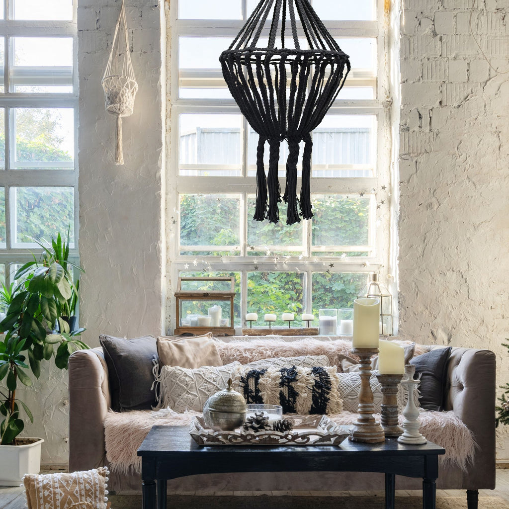 Large Macrame Drop Chandelier – Black Woven Boho Light Shade (80cm)