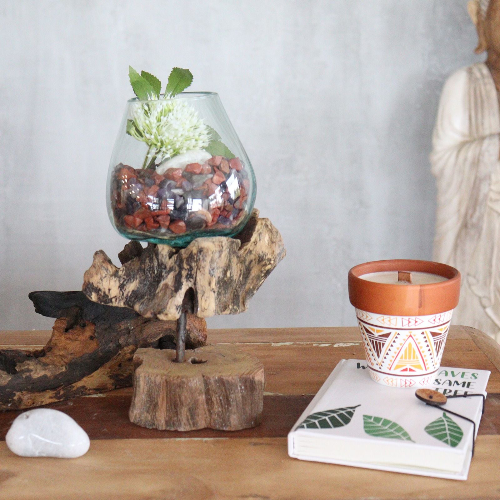 Handmade Molten Glass Bowl on Natural Wood – Unique Home Decor UK