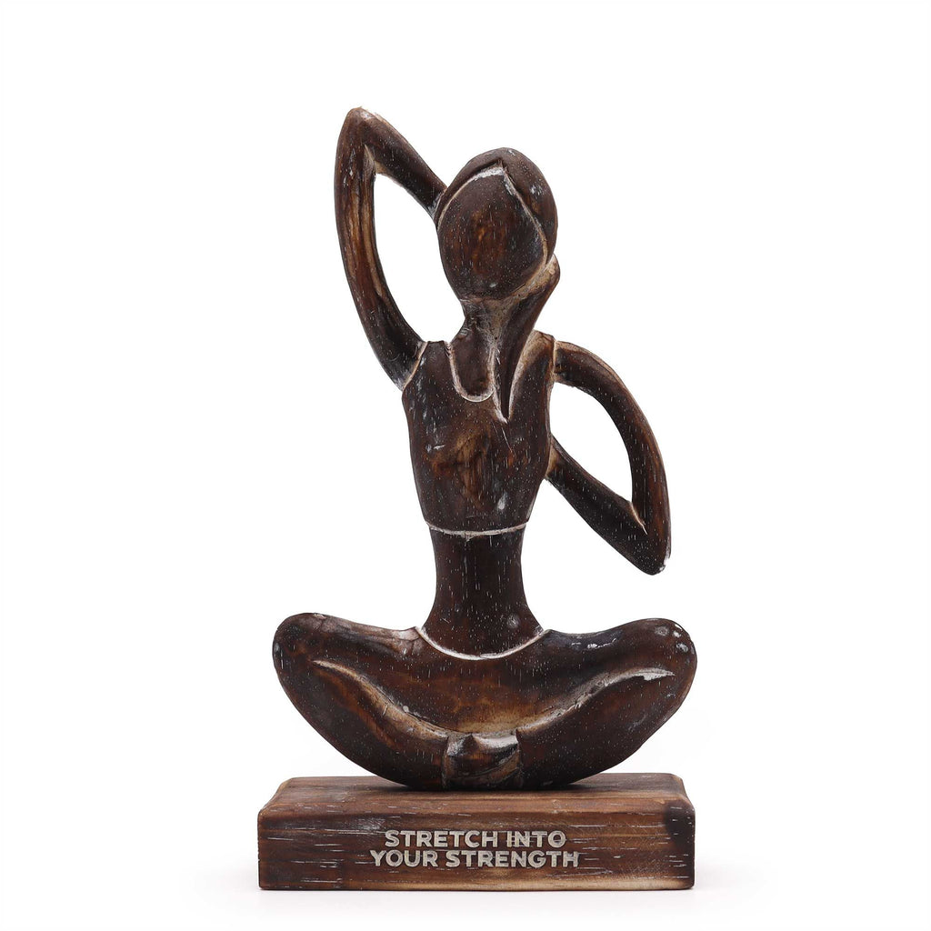 Handcarved Albasia Wood Yoga Lady Figurine 27cm – Antique Cow Face Pose – Stretch into Your Strength