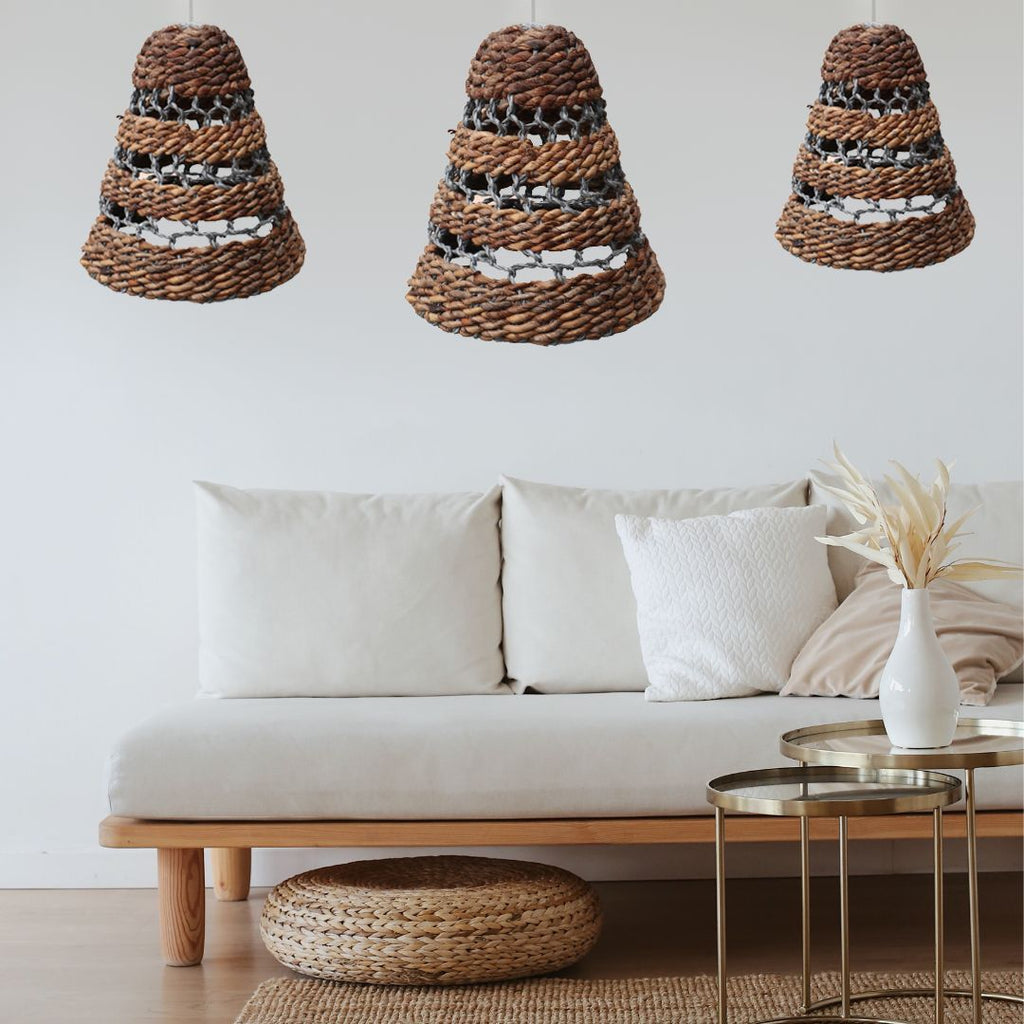 Set of 3 Natural Banana Leaf & Black Raffia Lamp Shades – Woven Boho Light Covers (35-40cm)