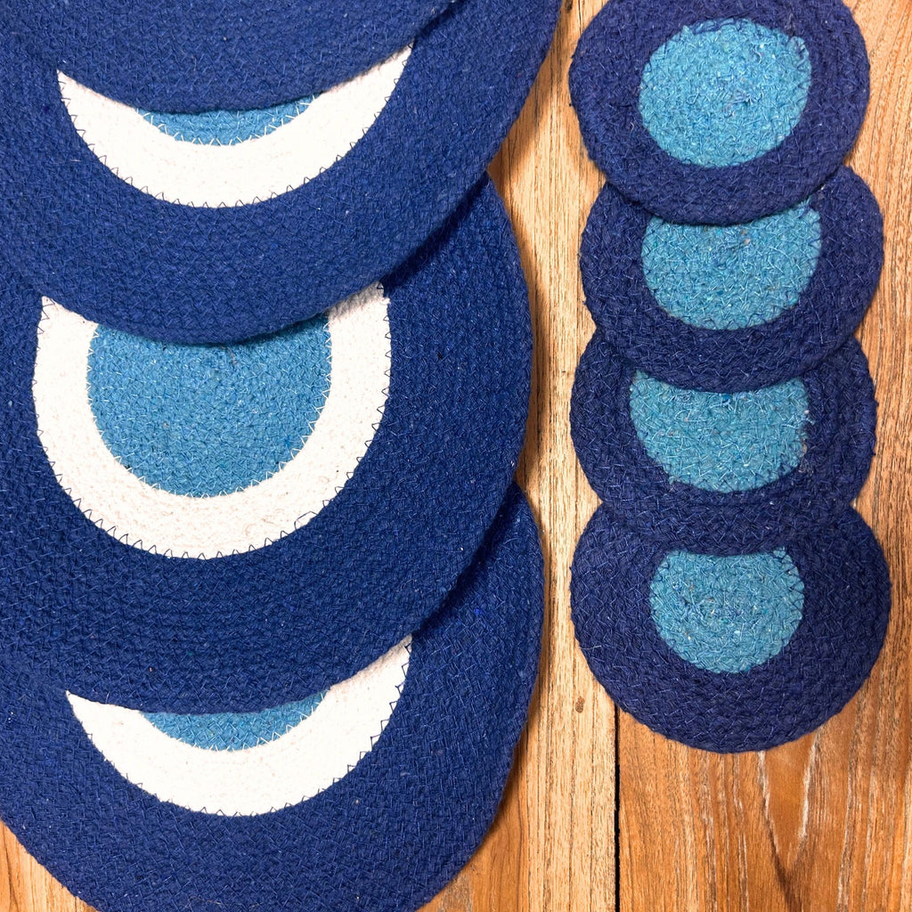 Set of 8 Evil Eye Jute Rope Placemats & Coasters – Woven Tableware Set (India)
