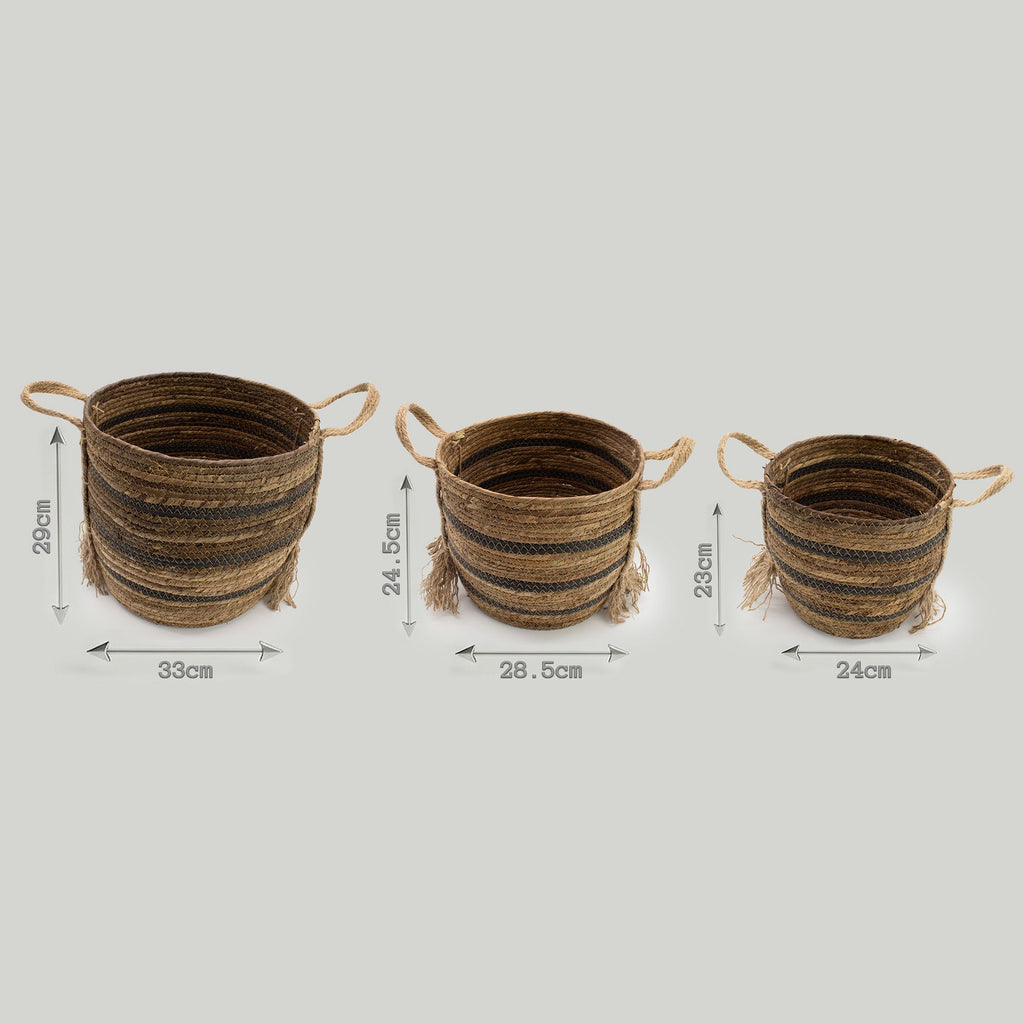 Set of 3 Large Banana Leaf & Seagrass Baskets – Natural Browns – Woven Storage Baskets (24-33cm)