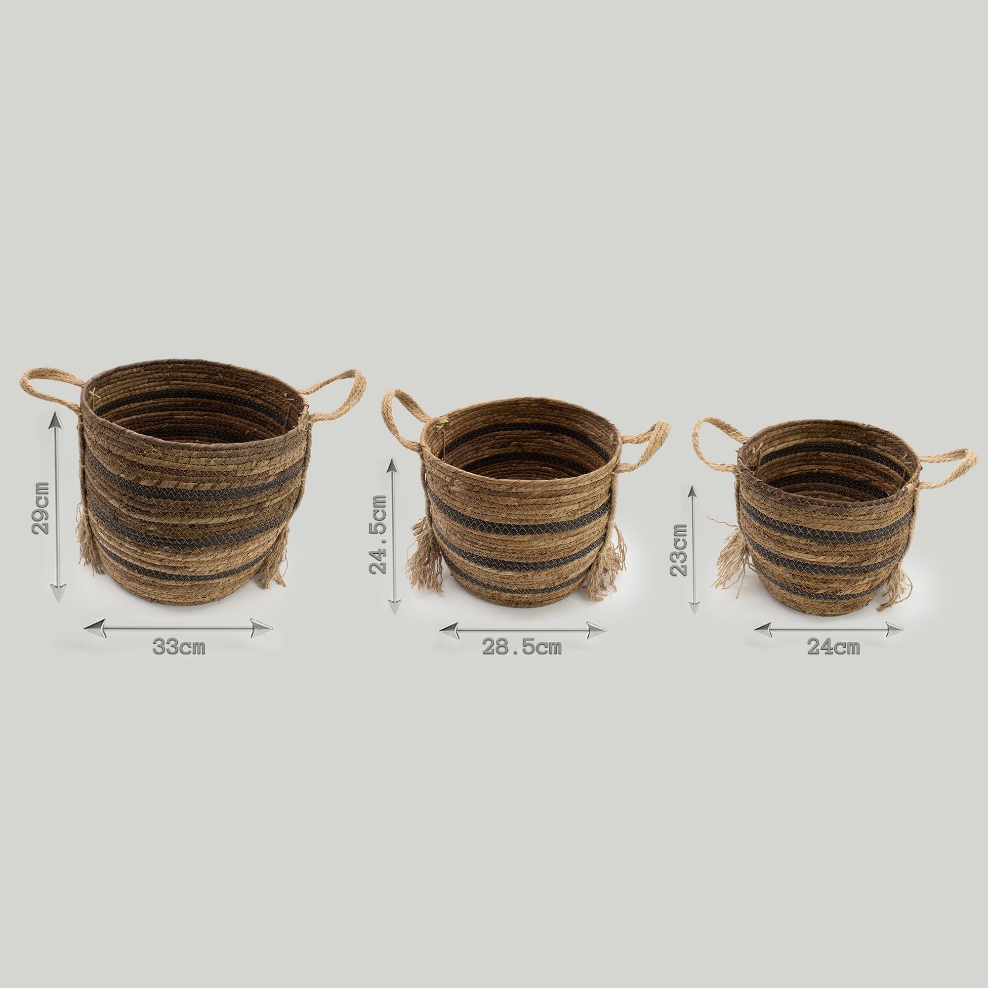 Set of 3 Large Banana Leaf & Seagrass Baskets – Natural Browns – Woven Storage Baskets (24-33cm)