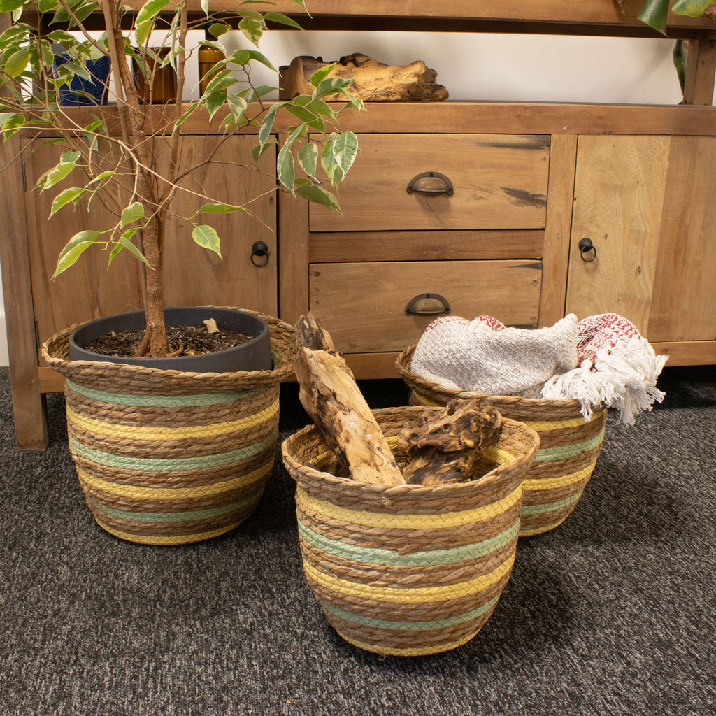 Set of 3 Vase Shaped Seagrass & Straw Baskets – Natural, Yellow & Green – Woven Storage Baskets