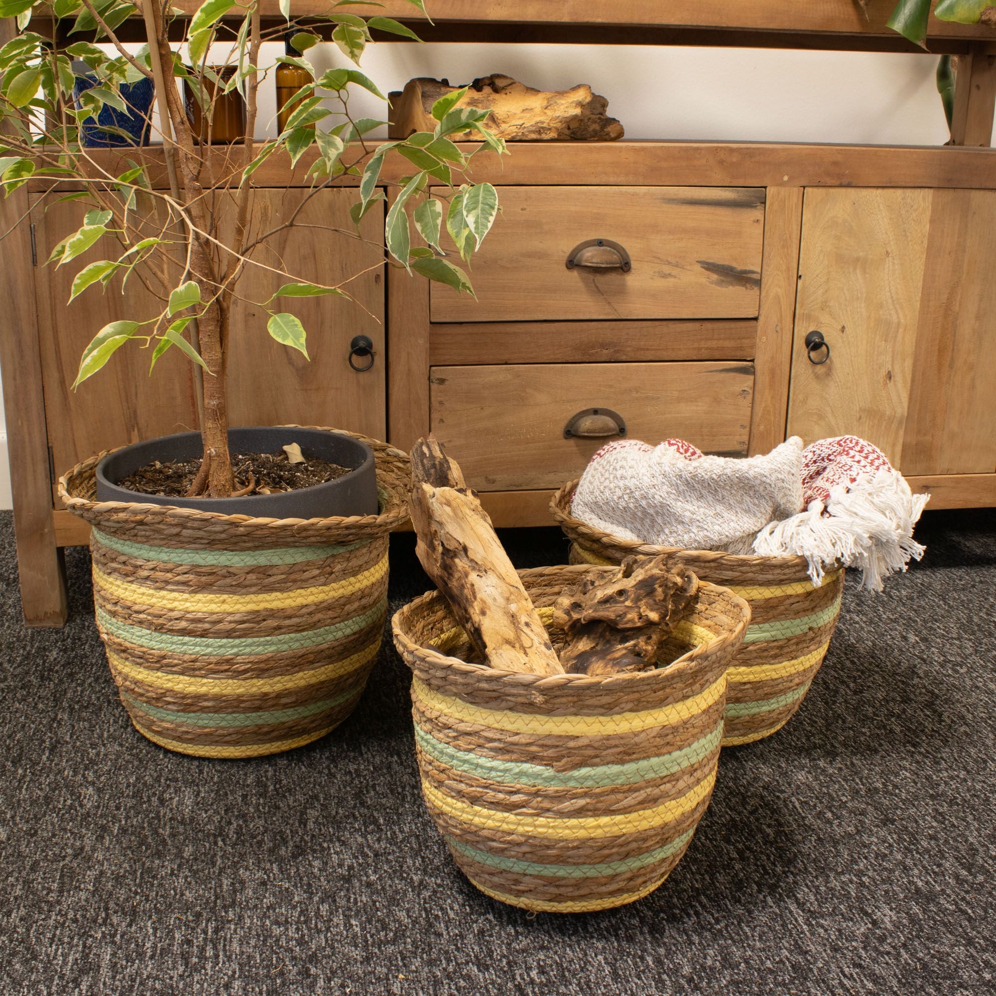 Set of 3 Vase Shaped Seagrass & Straw Baskets – Natural, Yellow & Green – Woven Storage Baskets