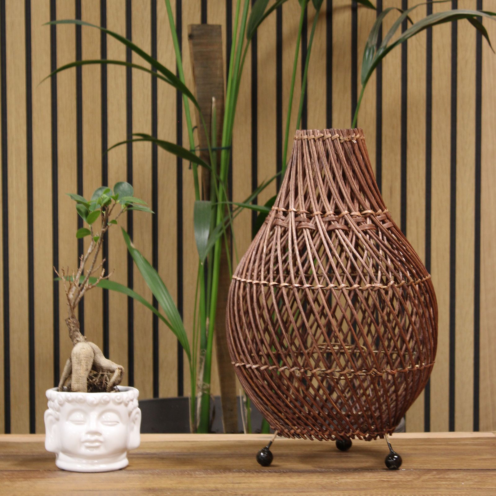 Dark Brown Rattan Table Lamp – Woven Boho Desk Light (H: 39cm, L: 24cm)