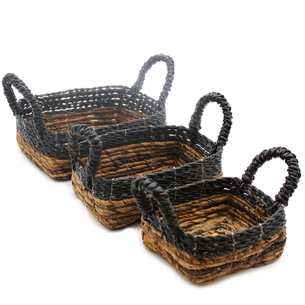 Set of 3 Square Banana Leaf & Hitam Raffia Baskets – Natural Woven Storage Baskets