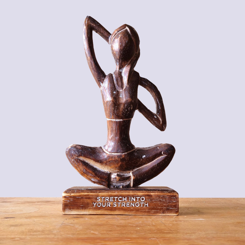 Handcarved Albasia Wood Yoga Lady Figurine 27cm – Antique Cow Face Pose – Stretch into Your Strength