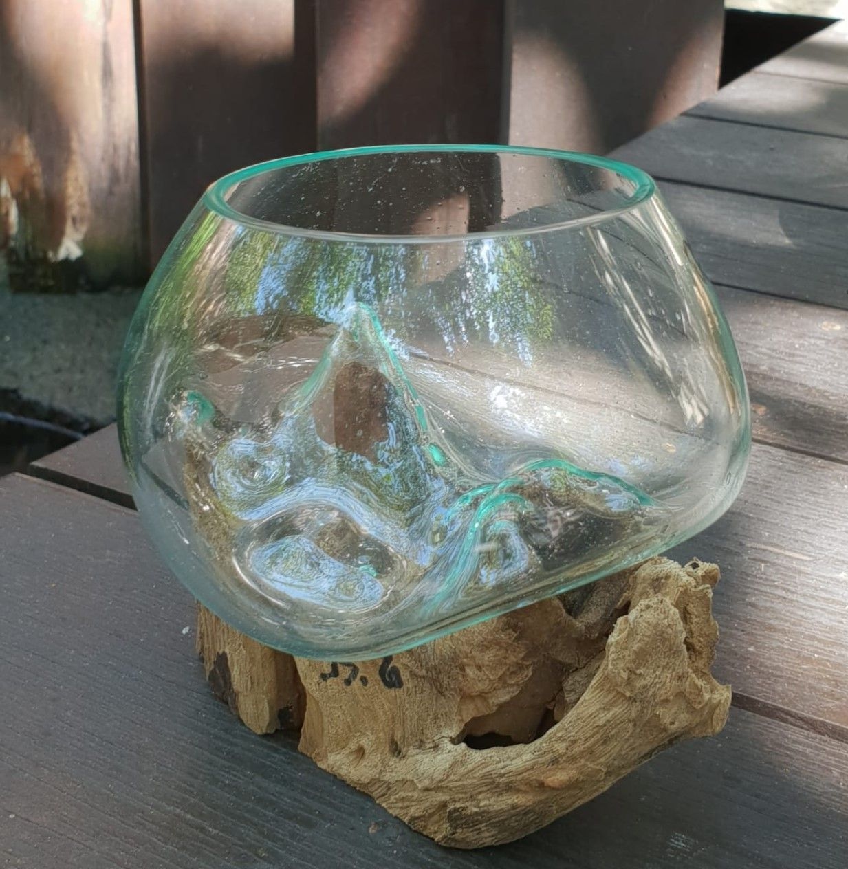 Handmade Molten Glass Bowl on Natural Wood – Unique Home Decor UK