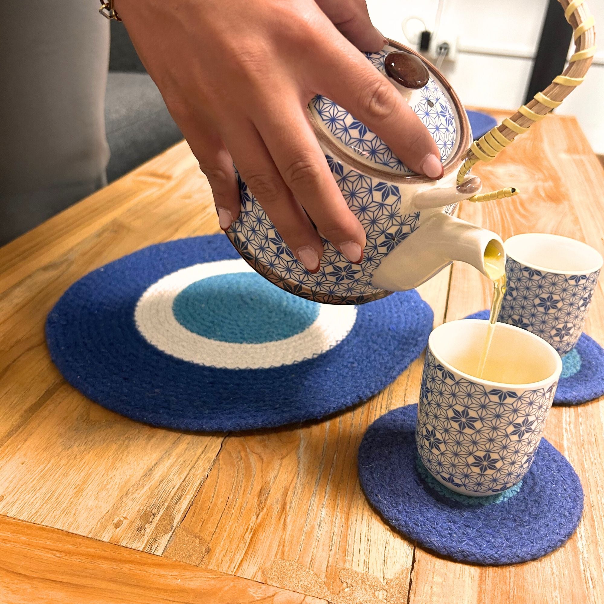 Set of 8 Evil Eye Jute Rope Placemats & Coasters – Woven Tableware Set (India)