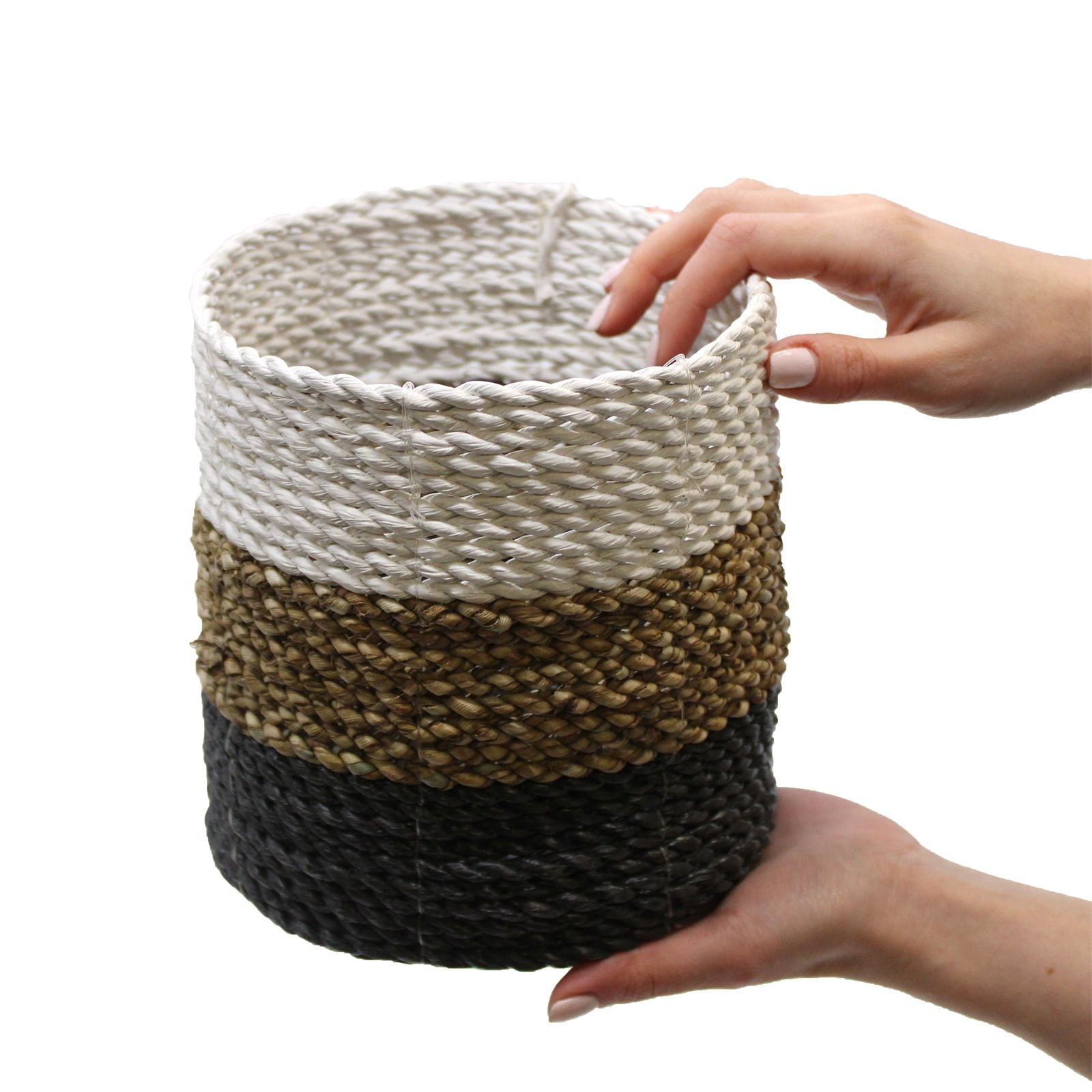 Set of 3 Round Seagrass Baskets – Grey, Natural & White – Woven Storage Baskets
