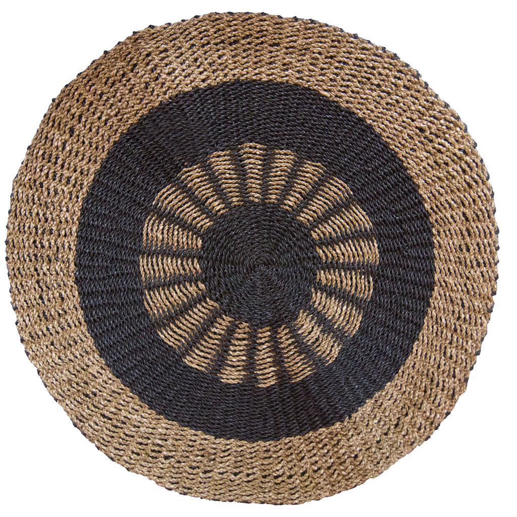Round Seagrass Rug 100cm – Black & Tan Inner Sun Design – Handmade Natural Jute Area Rug