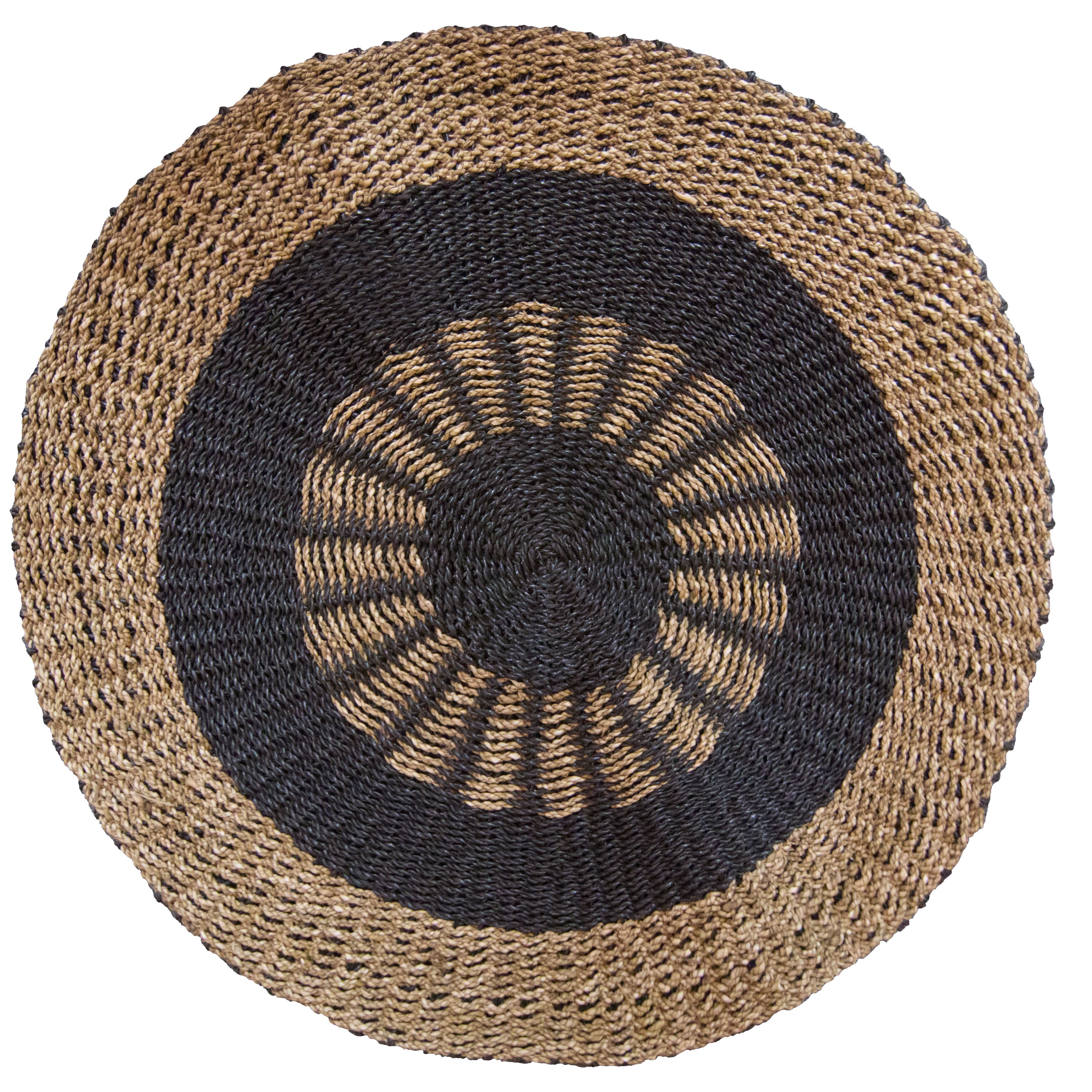 Round Seagrass Rug 100cm – Black & Tan Inner Sun Design – Handmade Natural Jute Area Rug