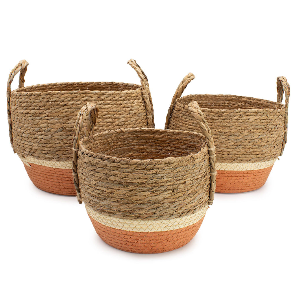 Set of 3 Round Large Straw & Seagrass Baskets – Natural & Orange – Woven Storage Baskets (18-36cm)