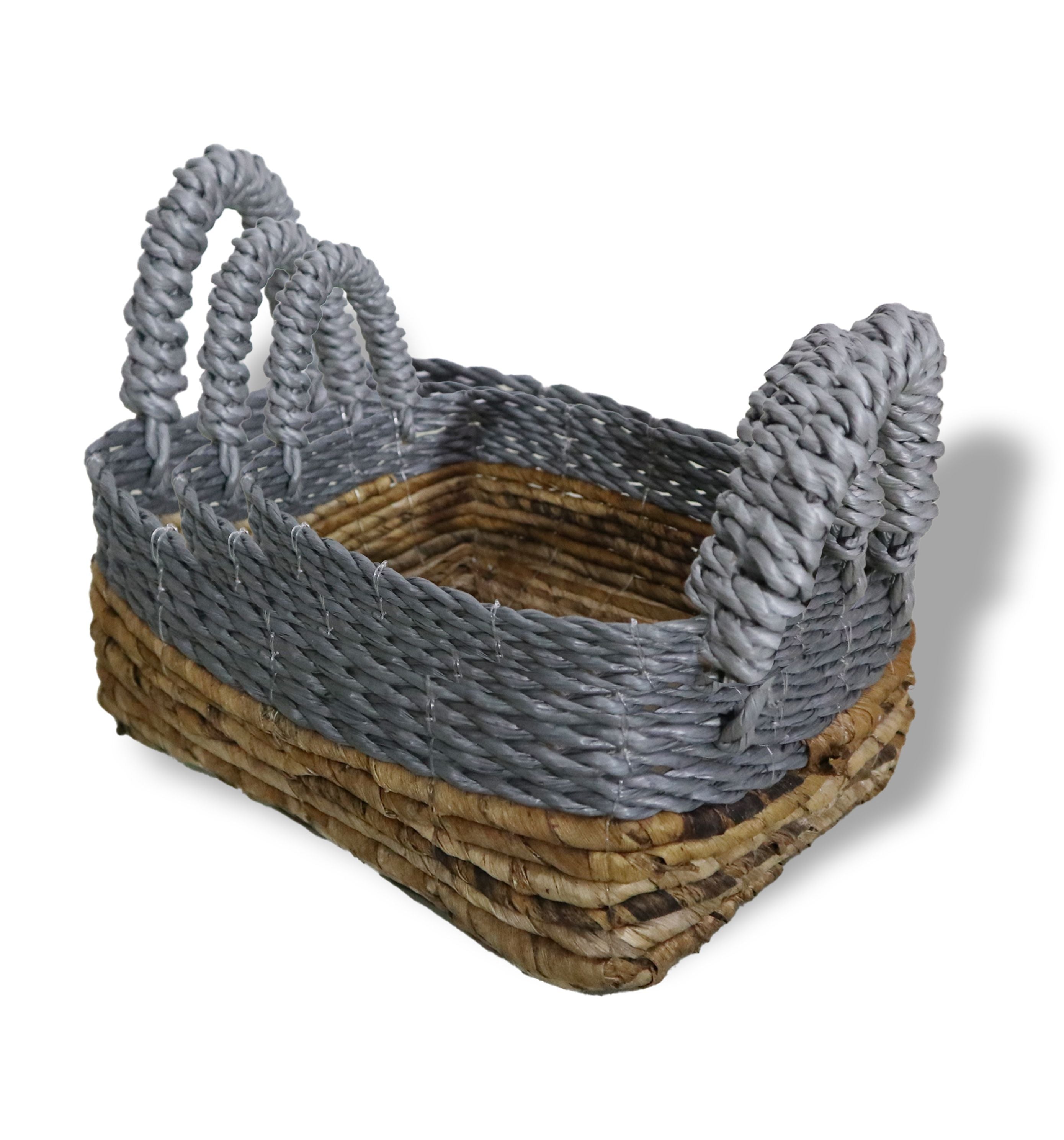Set of 3 Square Banana Leaf & Grey Raffia Baskets – Natural Woven Storage Baskets