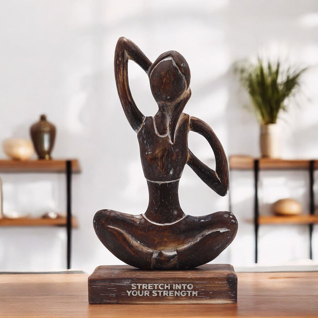 Handcarved Albasia Wood Yoga Lady Figurine 27cm – Antique Cow Face Pose – Stretch into Your Strength