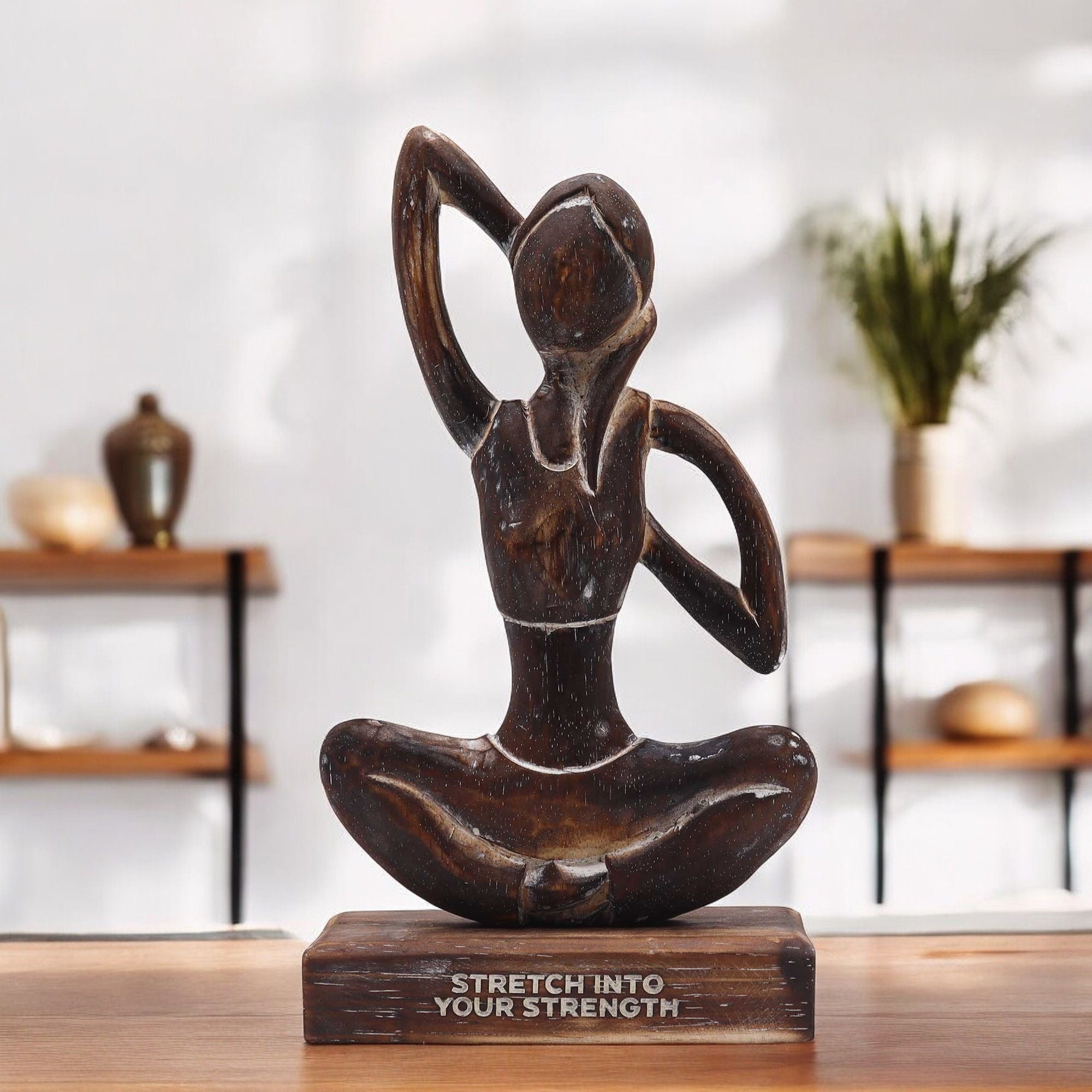 Handcarved Albasia Wood Yoga Lady Figurine 27cm – Antique Cow Face Pose – Stretch into Your Strength