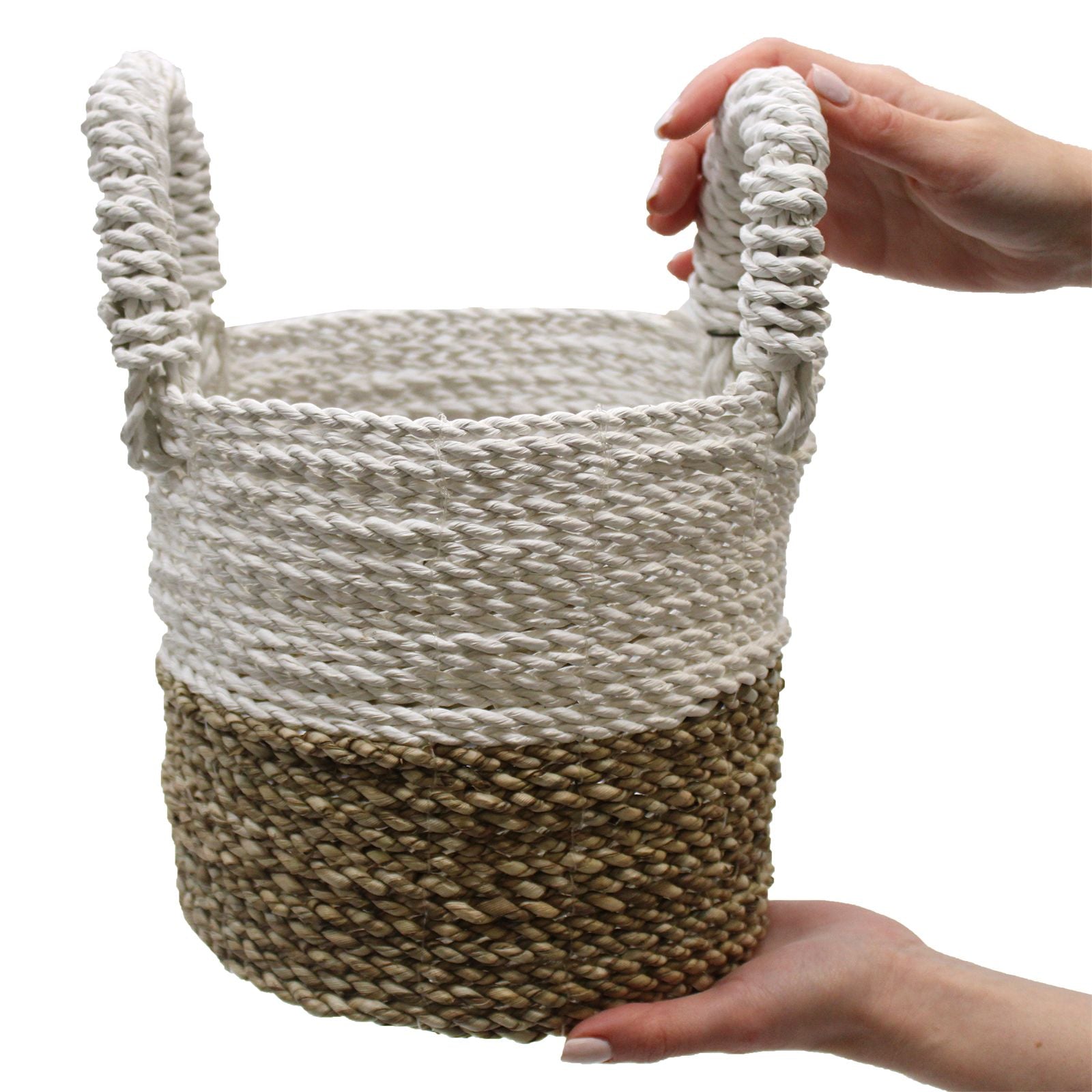 Set of 3 Round Seagrass Baskets – Dark Grey, White & Natural – Woven Storage Baskets