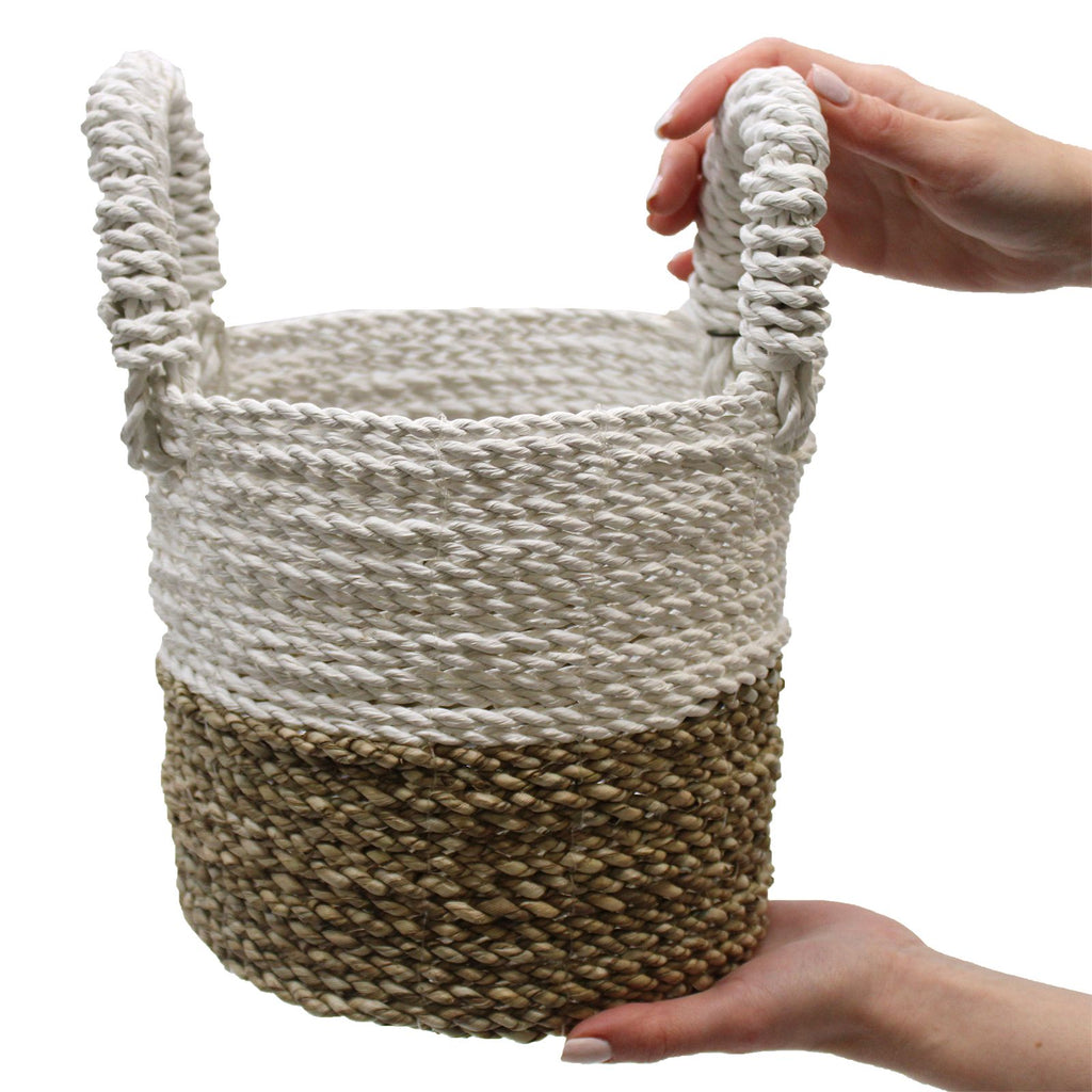 Set of 3 Round Seagrass Baskets – Grey, Natural & White – Woven Storage Baskets