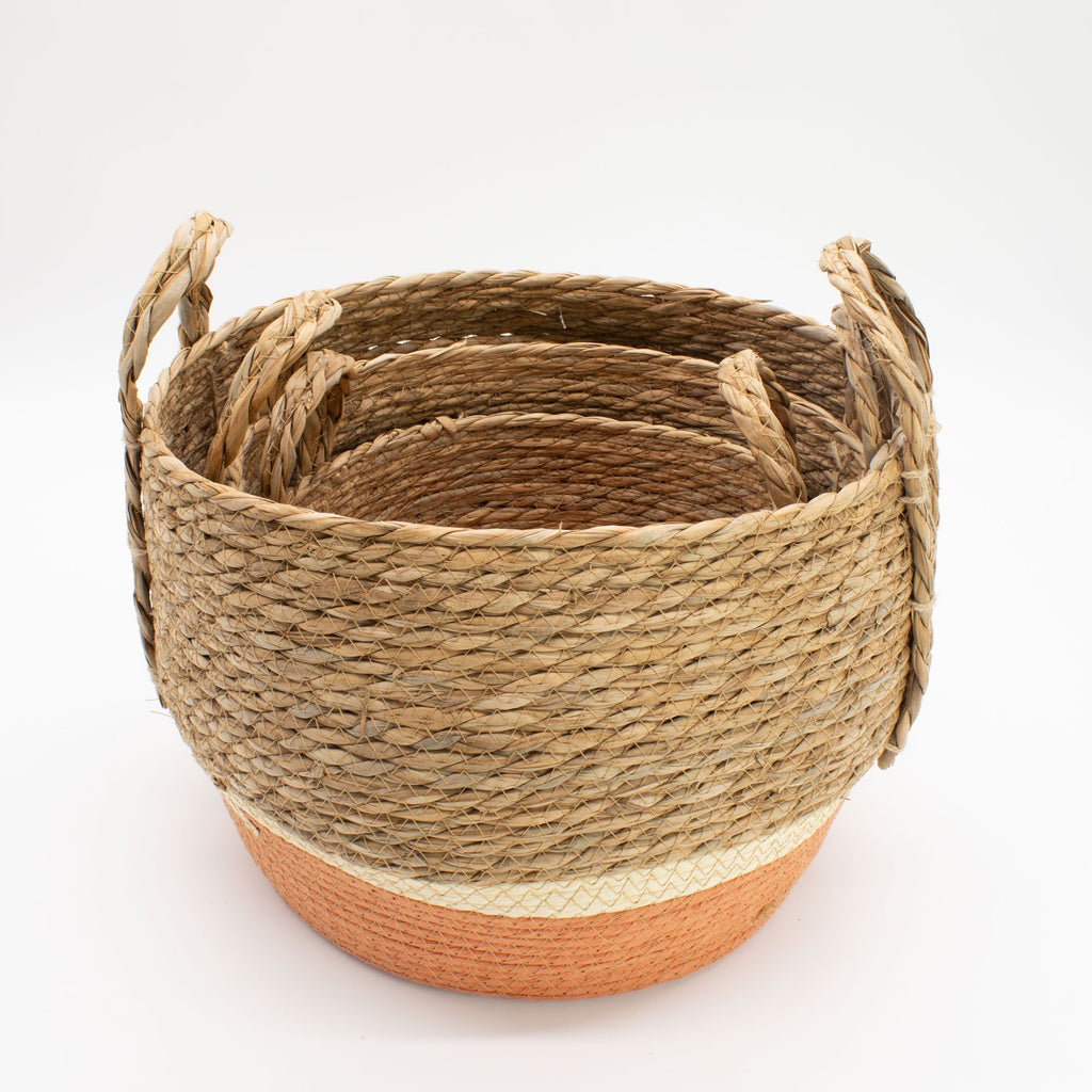 Set of 3 Round Large Straw & Seagrass Baskets – Natural & Orange – Woven Storage Baskets (18-36cm)