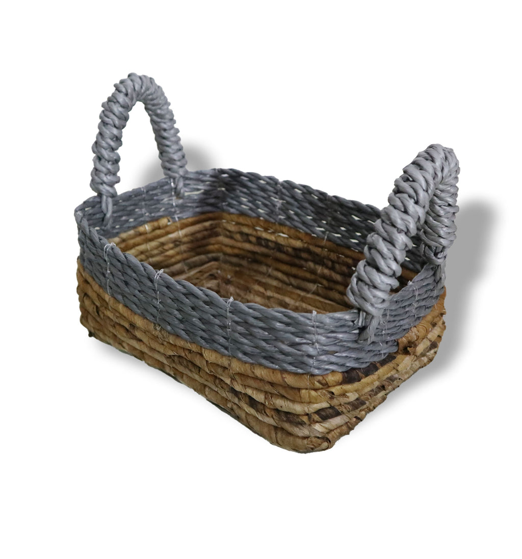 Set of 3 Square Banana Leaf & Grey Raffia Baskets – Natural Woven Storage Baskets