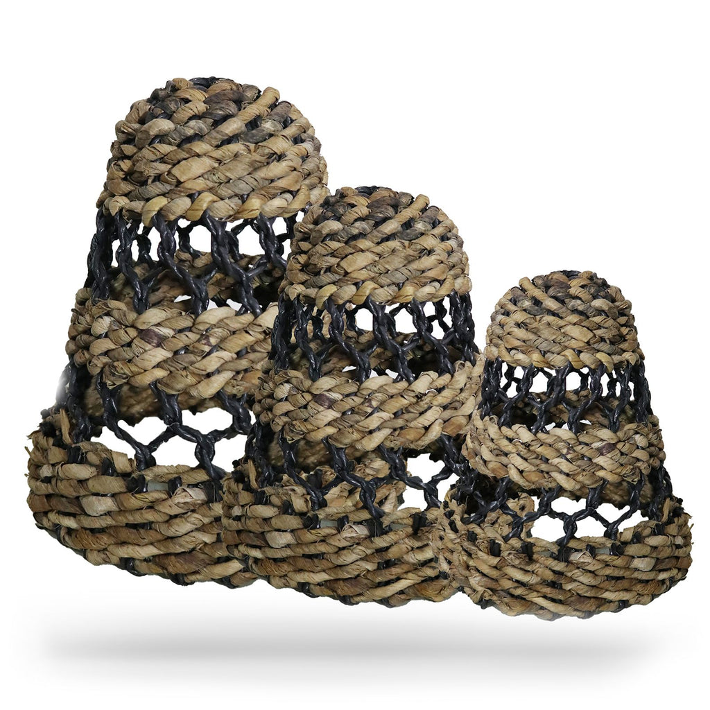 Set of 3 Natural Banana Leaf & Black Raffia Lamp Shades – Woven Boho Light Covers (35-40cm)