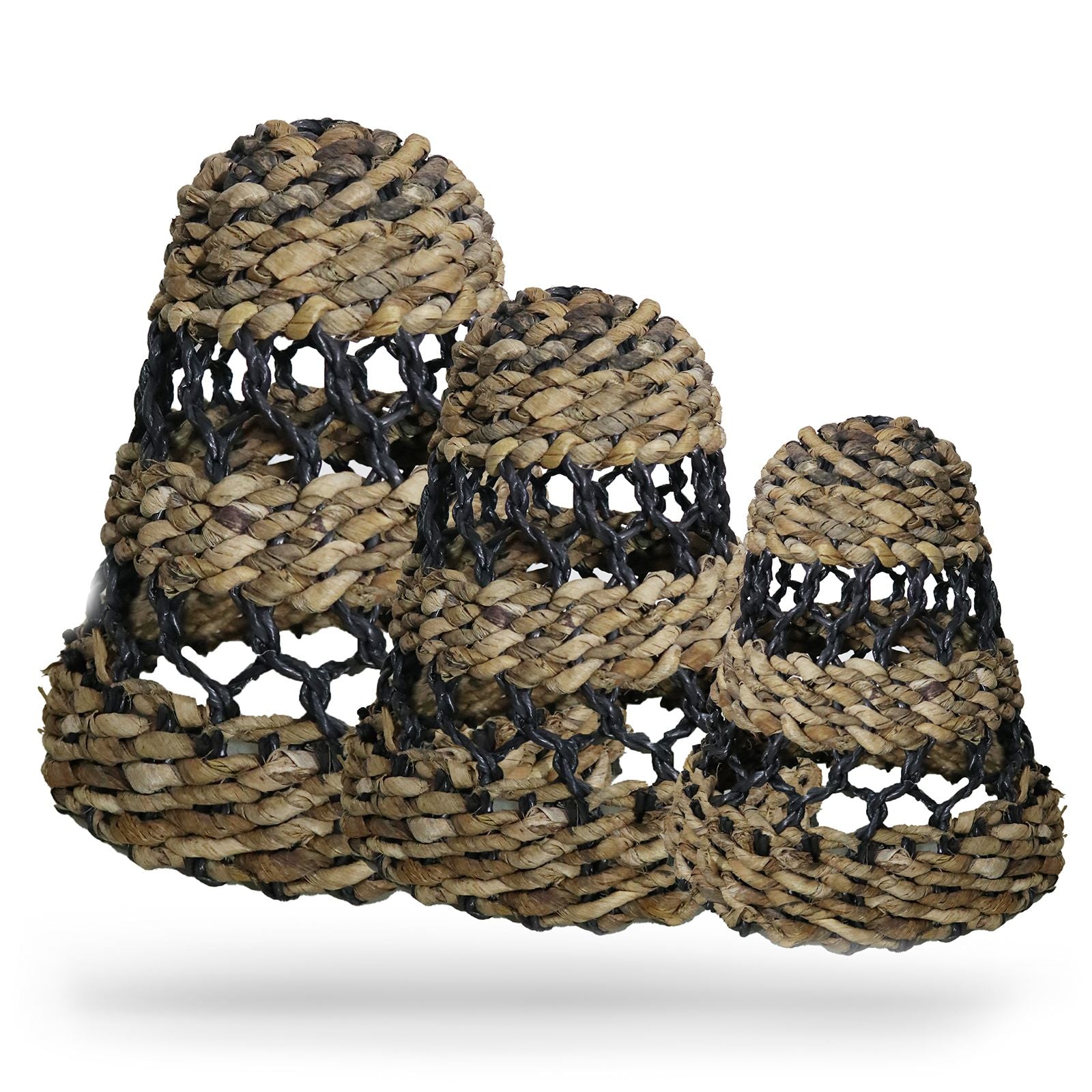 Set of 3 Natural Banana Leaf & Black Raffia Lamp Shades – Woven Boho Light Covers (35-40cm)