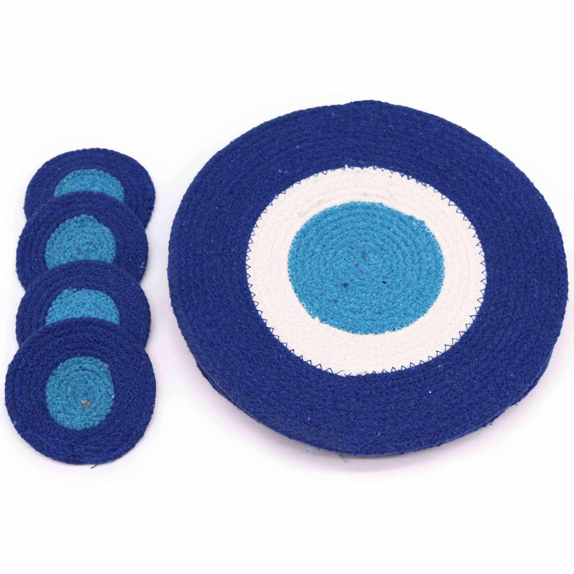 Set of 8 Evil Eye Jute Rope Placemats & Coasters – Woven Tableware Set (India)